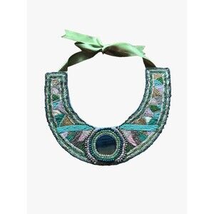 HANDMADE STATEMENT BEADED BIB NECKLACE – GEMSTONE CENTER – TRIBAL BOHO COUTURE